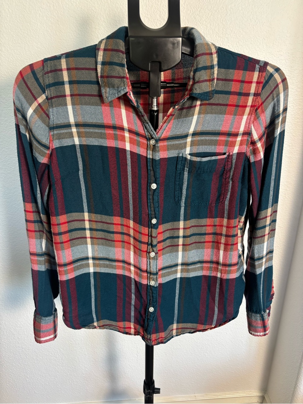 Lucky Brand Teal, Red and Cream Plaid Button-Down Shirt